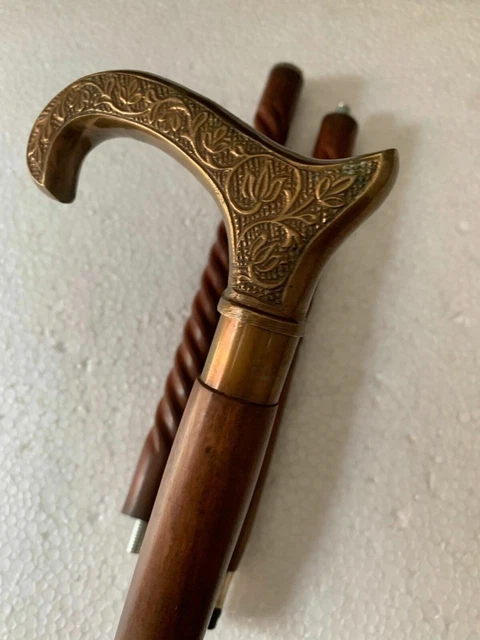 Vintage Brass Walking Cane Stick Handle Brown Wooden Victorian Handmade Gift