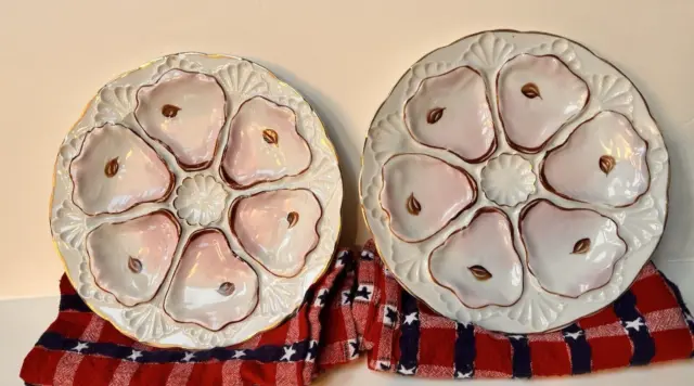 2x Antique 6 Well Oyster Plates French Hand Painted Porcelain Pink Gold 8 Inch