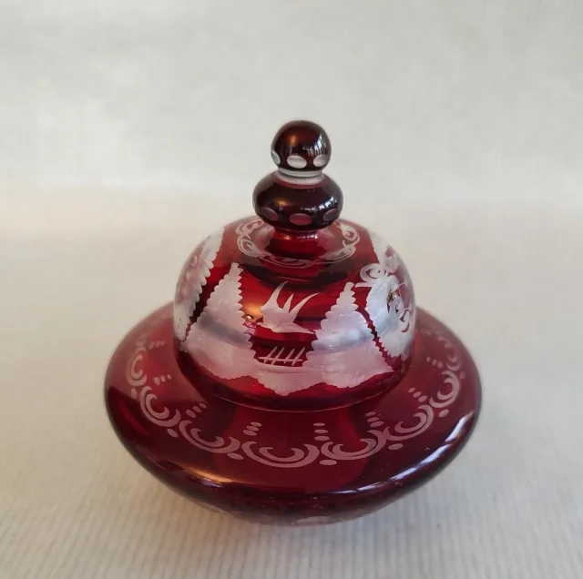 Vintage Egermann Bohemian Ruby Cut To Clear Crystal  Lidded Trinket Pot