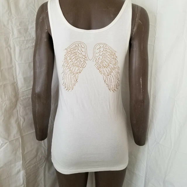 Rhapsodielle Womens Ivory Copper Studded Angel Wings Stretchy Tank Top Large