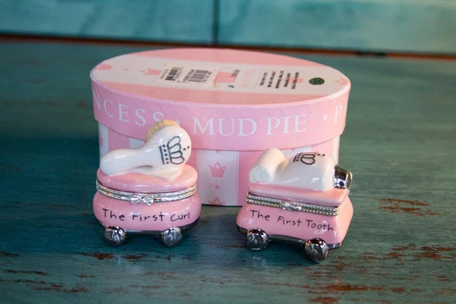 Mud Pie Set/2 Little Princess First Curl Tooth Baby Keepsake Trinket Boxes Pink