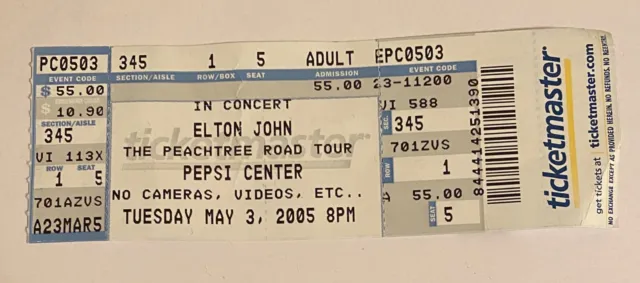 ELTON JOHN Ticket Stub 5/3/2005 Pepsi Center Denver, Colorado
