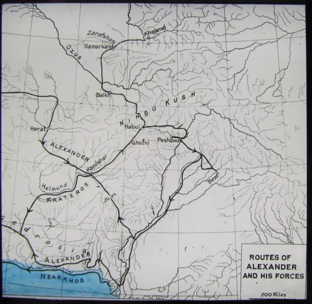 Glas magische Laterne Rutsche ROUTENKARTE VON ALEXANDER DEM GROSSEN C1910 ZEICHNUNG