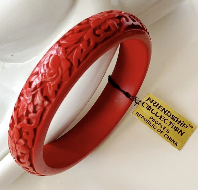 Antique Export Shou Chinese Cinnabar Bangle Bracelet Red Hand Carved Flower NWT