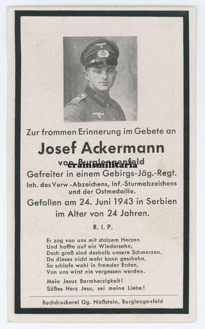 Orig. Sterbebild Gebirgsjäger GJR.98 + MATESEVO Serbien Montenegro 1943