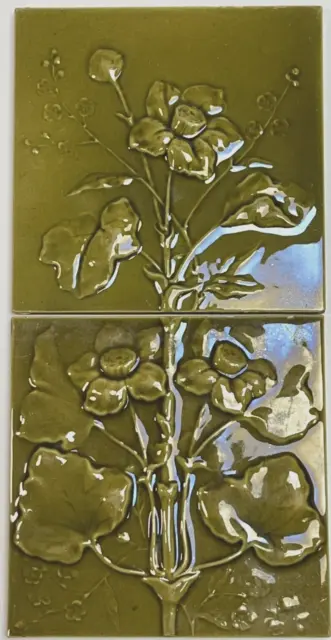 Antique Pair Minton Hollins 6" Tile Flowers Arts Crafts Green Glaze Art Nouveau