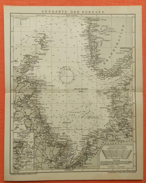 Seekarte der Nordsee  Downs Leuchtfeuer Tiefen  historische  Landkarte von 1912