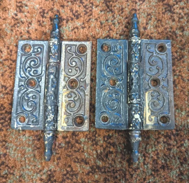 2 Old Door Hinges 3-1/2" X 3" Antique Steeple Top Vintage Cast Iron