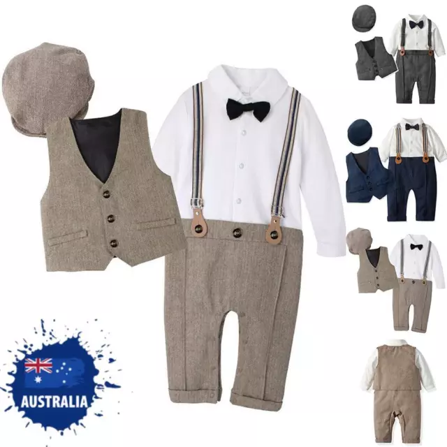 3PCS Baby Boy Gentleman Outfit Bowtie Jumpsuit + Vest + Hat Wedding Suit Set