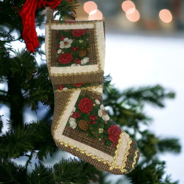 Christmas Stocking Quilted Patchwork Fabric Handmade Red Green 20" x 9" Wide VTG