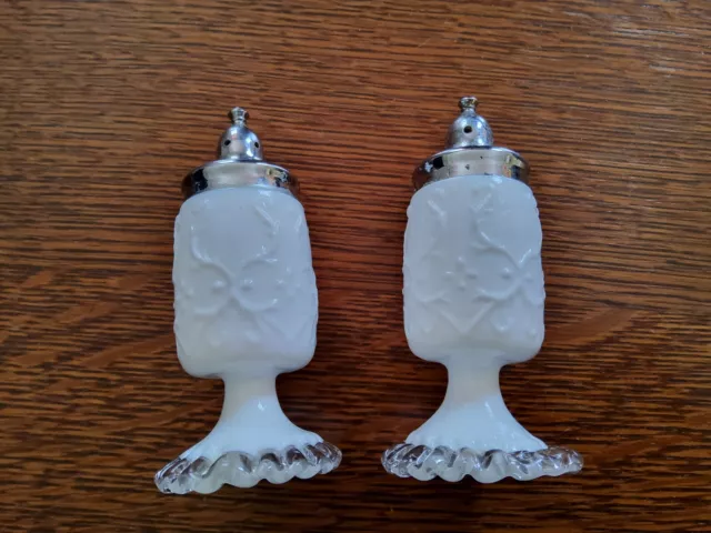 Vintage Fenton Milk Glass Silver Crest Spanish Lace Salt & Pepper Shaker Set