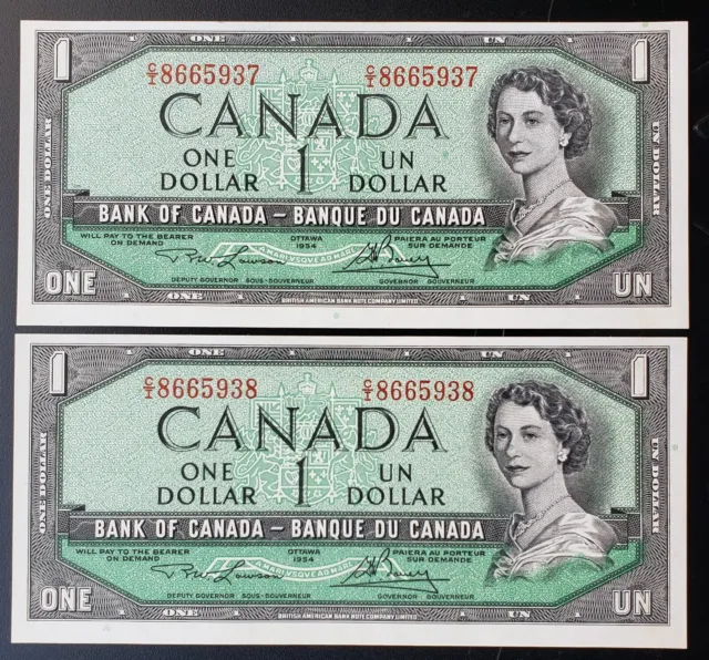 1954 Bank of Canada $1 Lawson/Bouey Set of 2 Consecutive C/I8665937-38 BC-37d