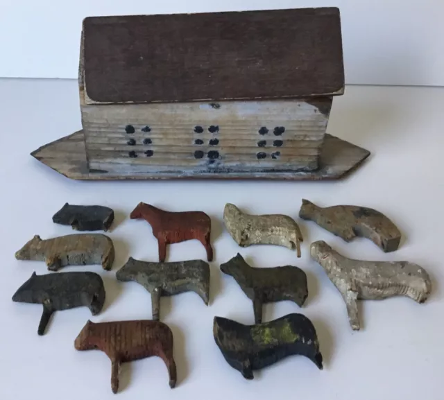 Antique Primitive Noah's Ark & Animals Carved Wood Hand Painted Folk Art German?