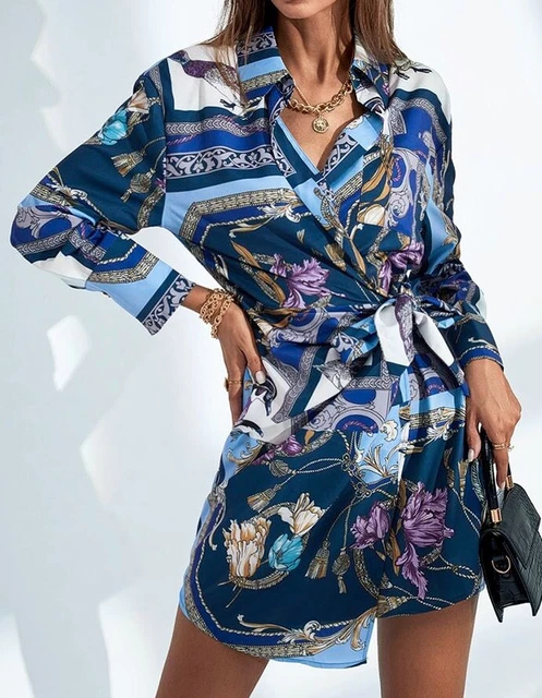 Robe Fleurie Trapèze Manches Longues – Taille L, Polyester, Col Montant, Neuf Avec étiquette