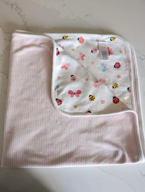 Gymboree - 2016-Baby Girl Blanket- Pink and White Stripe Butterfly Ladybug