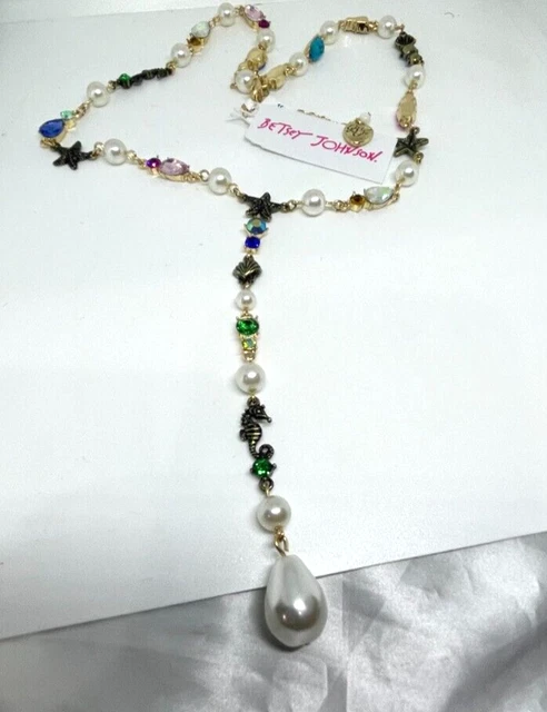 Betsey Johnson Cruise Control Bling Seahorse & Faux Pearls Y Necklace MSRP $78