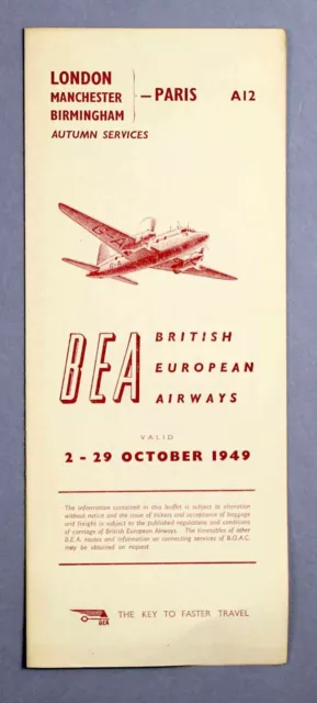 Bea British European Airways Paris Airline Timetable Autumn 1949 A12