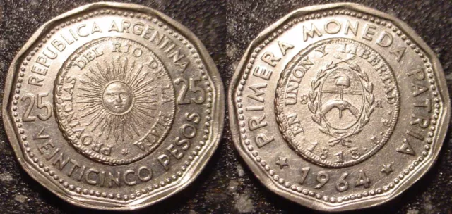 Hi Grade Unc 1964 25 Pesos Argentina**1St Issue Of National Coinage In 1813**