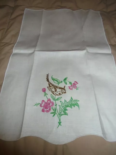 Vintage Tea Towel Bird & Floral Design Hand-Embroidered Fingertip -Guest Room 58