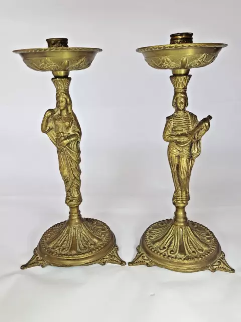 Antique Beautiful Brass Candlestick Pair Musician And Dancer Candle Holder