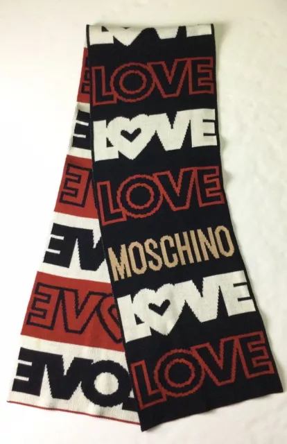 MOSCHINO Striped 'LOVE" Monogram Multi-Color Wool Blend Italy 11"x 68" Scarf