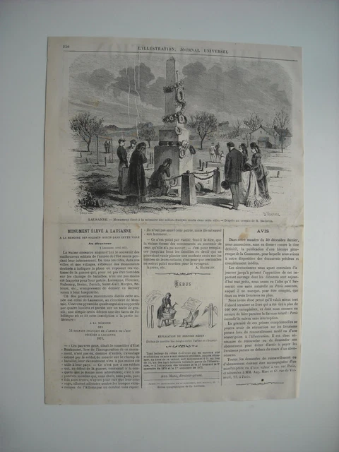 Gravure 1872. Lausanne. Monument Eleve A Memoire Soldats Français Morts Ville...