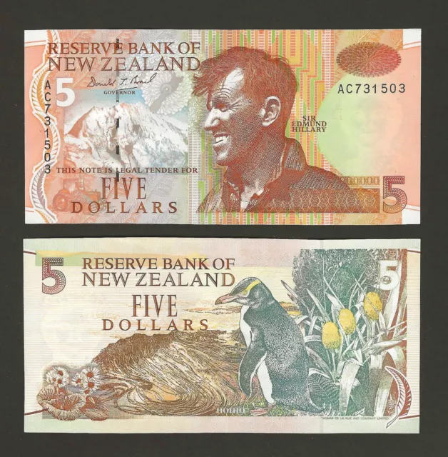 NEW ZEALAND 5 Dollars 1992, P-177, Edmund Hillary / Penguin, Fresh Original UNC