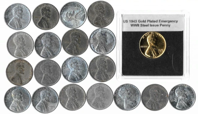 Rare Old 1943 US Lincoln Steel Penny Coin Collection WWII 24k Gold Plate LOT:207