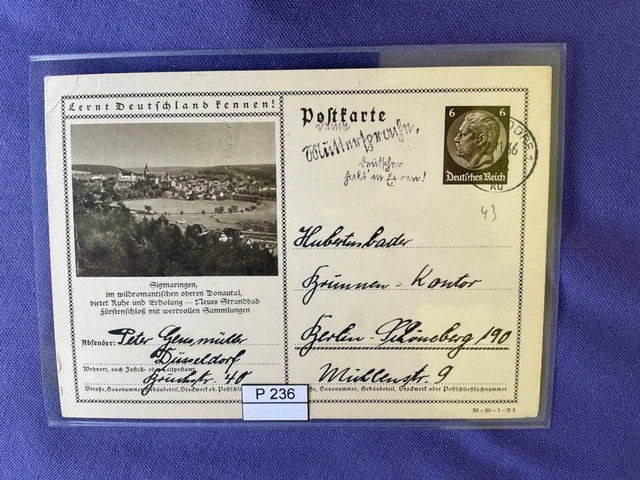 DR 1933-45, Ganzsache, P236, DV: 36-80-1-B5, Sigmaringen