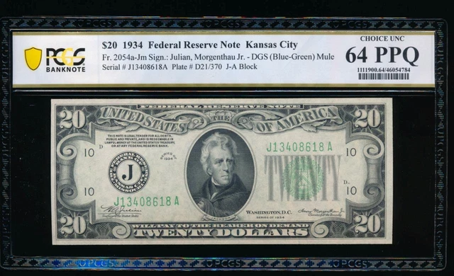 AC Fr 2054-J 1934 $20 Kansas City PCGS 64 PPQ uncirculated