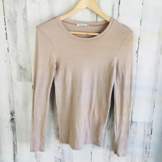 NWOT $78 Michael Stars Shine Tee Ribbed Knit Long Sleeve Top Beige Champagne OS