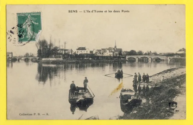 cpa FRANCE Burgundy SENS L'ILE d'YONNE and the two flat bottom boat bridges