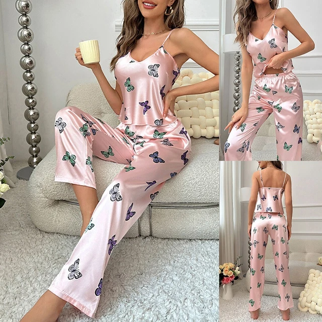 Elegante set pigiami raso donna rosa stampa farfalla per beatitudine notturna