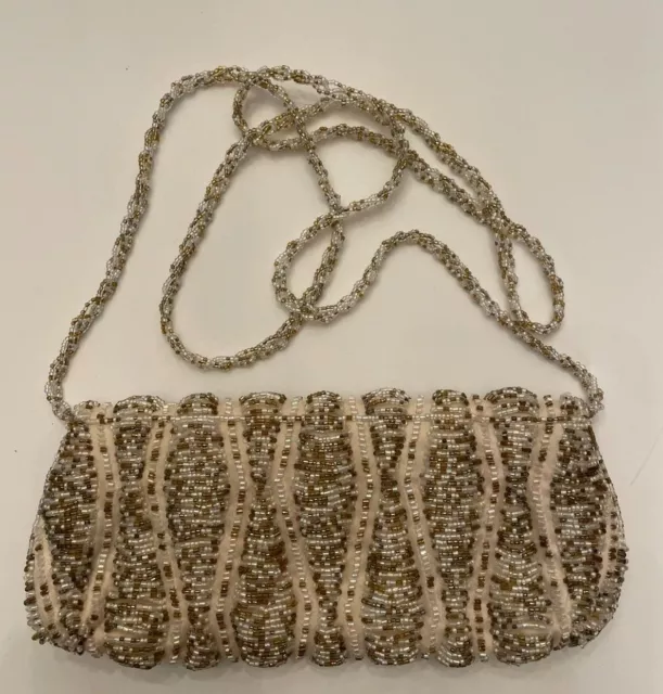 Valerie Stevens Womens Art Deco Micro Beaded Shoulder Bag Ivory Multi Iridescent