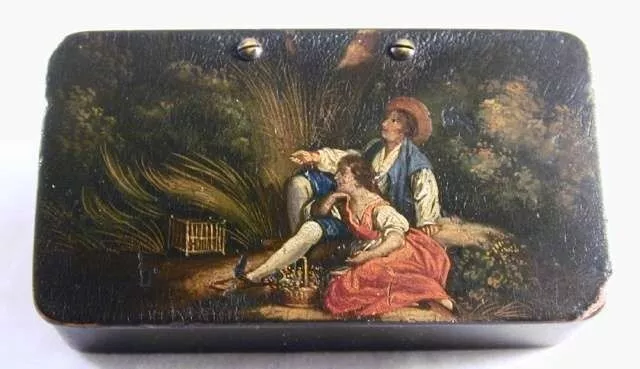 Antique Stobwasser Paper Mache Hand Painted Lacquer Snuffbox Courting Scene 3