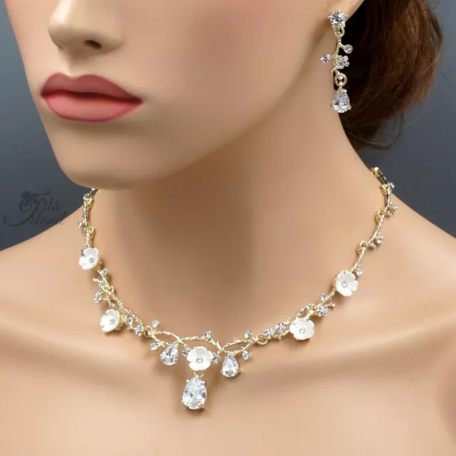 Women Floral Crystal Zirconia Necklace Earrings Bridal Wedding Jewelry Set 09853