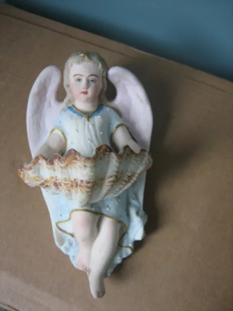 Ancien Bénitier porcelaine Biscuit Ange Angelot décor Polychrome signé
