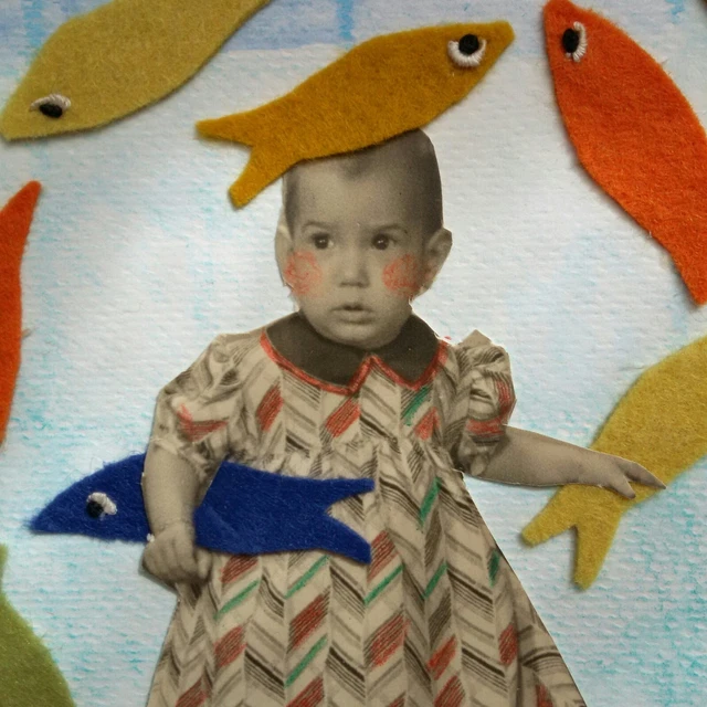 Collage analogico " Acquario " foto  1948, pesciolini in feltro altered art