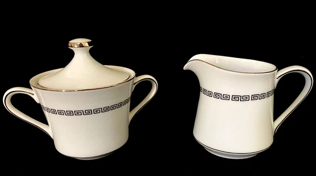 Creamer & Sugar Greek Key Crown Empire Fine China Marquis Platinum Rim