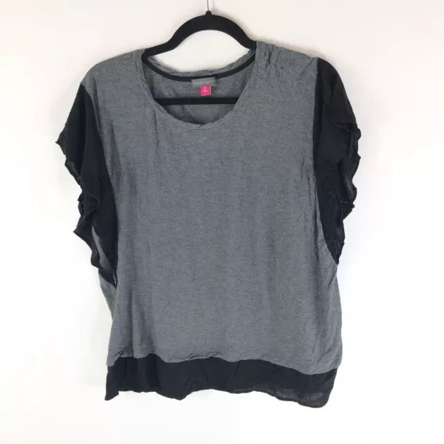 Vince Camuto Womens Blouse Top Batwing Flutter Sleeve Colorblock Gray Black XL