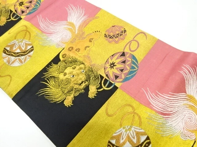 83357# JAPANESE KIMONO / ANTIQUE NAGOYA OBI / TAISHO ROMAN STYLE / WOVEN LION &a