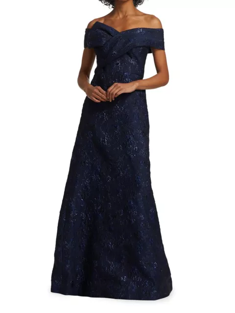 NWT Teri Jon Rickie Freeman Off-the-Shoulder Metallic Jacquard Gown 8 Blue