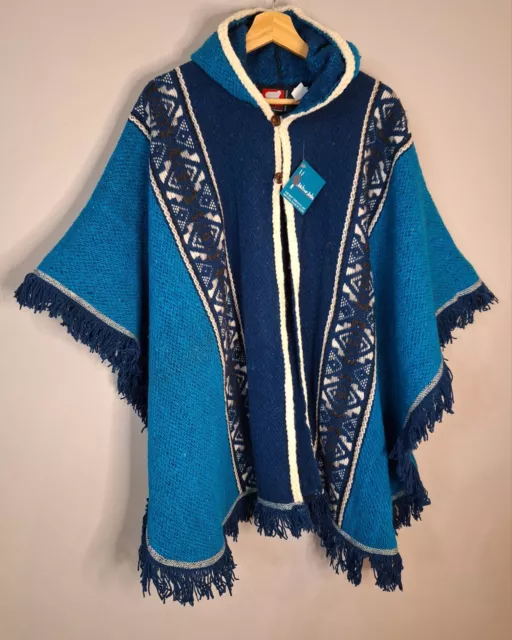 NWT 100% Wool Ecuadorian Hooded Poncho Vibrant Blue/Gray/White One Size Fits All