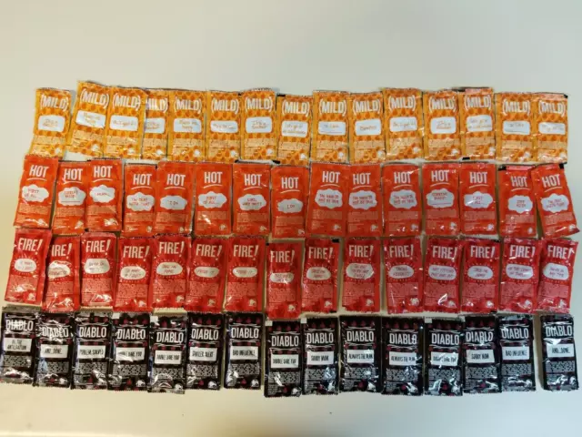 60 Taco Bell MILD, HOT, FIRE, DIABLO Sauce Packets.  15 each. New And Sealed!