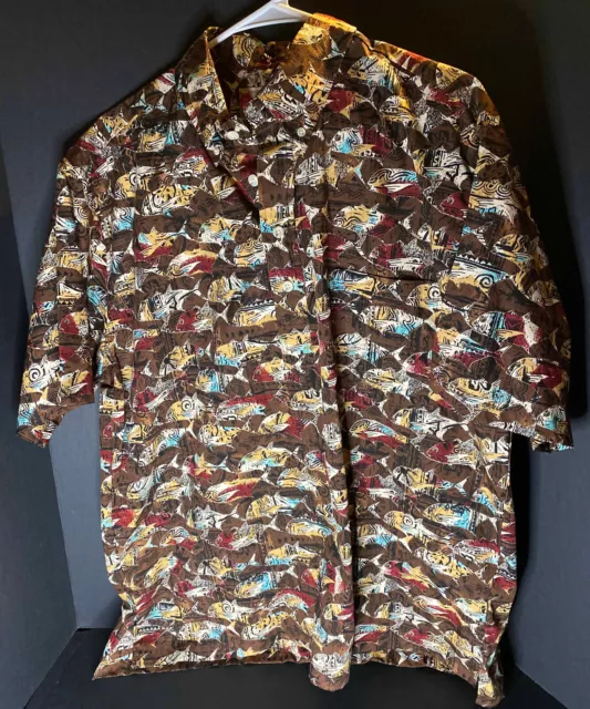 VTG Hilo Hattie Hawaiian Shirt Mens XL All Over Fish Print Beach Surf Brown USA