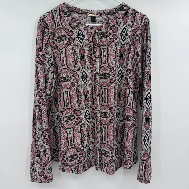 Dana Buchman Large Blouse Long Sleeve Button Down Top Pink Paisley Stretch