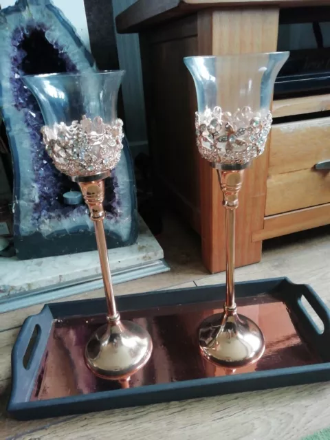 2 Metal Tripod Tealight Candle Stick Stand Glass Holder Set 8x19cm & 8x24cm Tall