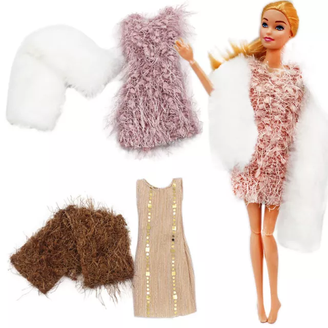 Fashion Doll Fur Dress Outfits For 11.5" Doll Clothes & Scarf Princess Gown 1/6
