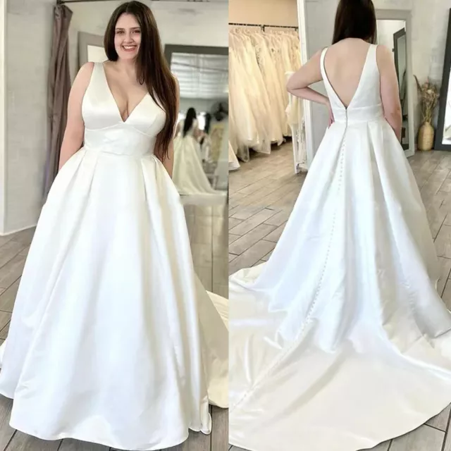 Plus Size Wedding Dresses Simple Satin Sleeveless V Neck A Line Bridal Gowns