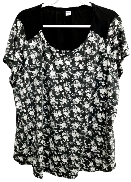 Old navy black floral panel scoop neck short sleeve hi low stretch top 3X